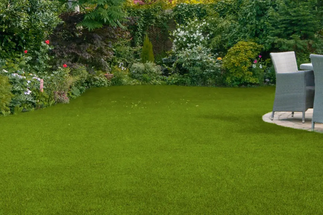 Lush green backyard lawn surrounded by dense garden plants and shrubs, with a patio area featuring gray wicker chairs and a table.